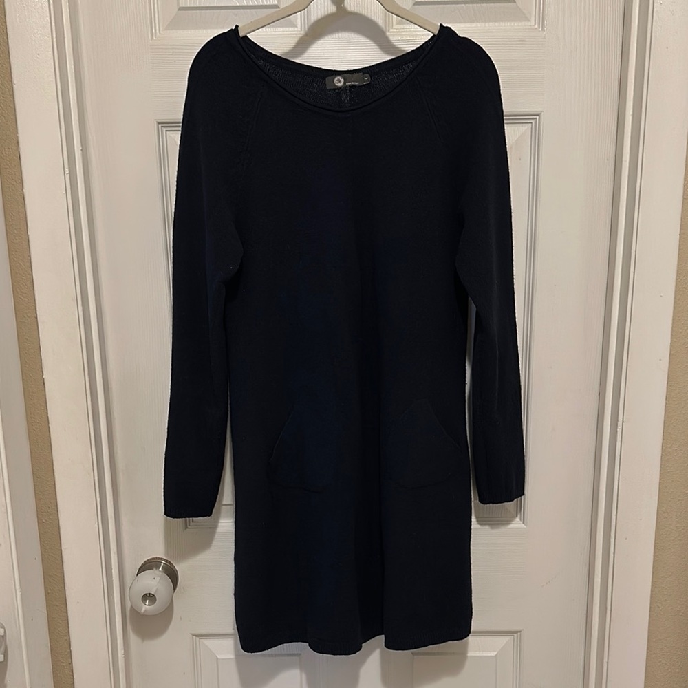 Dark Blue Midi Sweater Dress with Long Dolman Sleeves and Scoop Neck